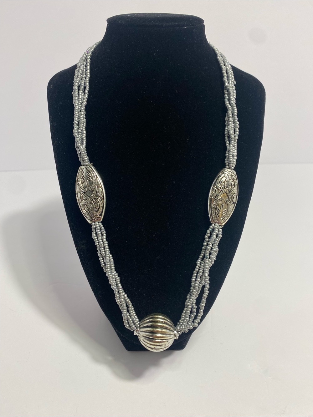 Silver Beaded Multi-Strand Necklace with Decorative Focal Beads
